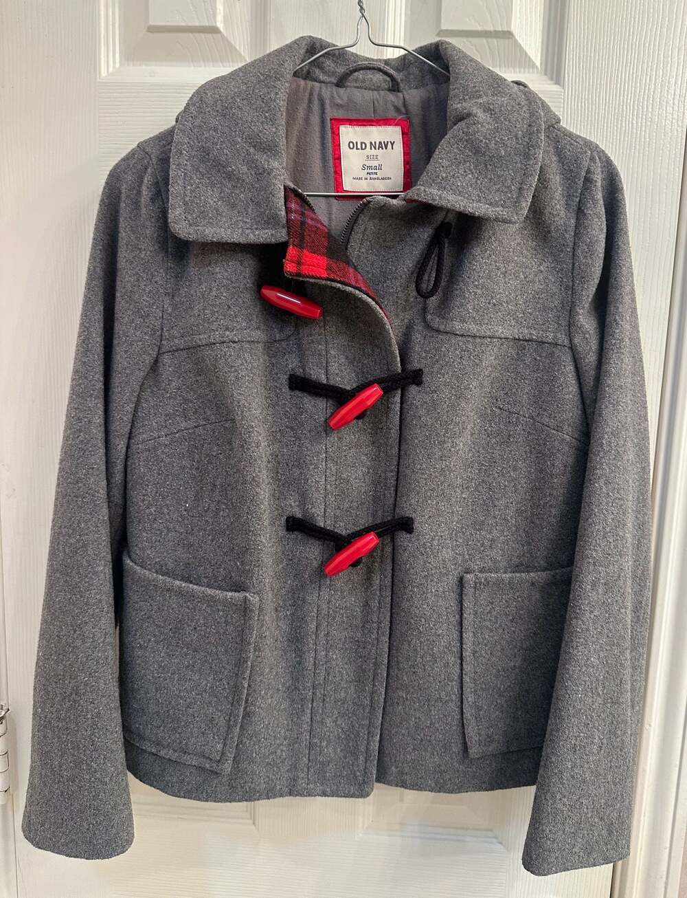 Old Navy Gray Wool Blend Hooded Duffle Coat with Red Toggle Closures and Plaid L